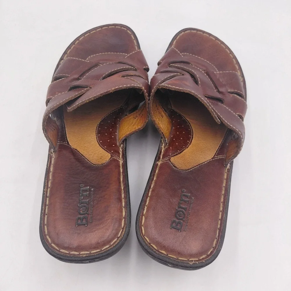 Born Womens Brown Leather Woven Slide Wedge Sandals W5077 K5 Size 11 43 Boho